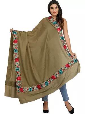 Plain Shawl from Amritsar with Parsi Floral Embroidered Patch Border