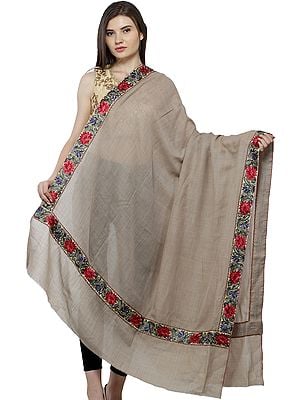 Plain Shawl from Amritsar with Parsi Floral Embroidered Patch Border