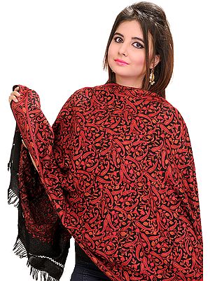 Kashmiri Stole with Aari Hand-Embroidered Paisleys All-Over