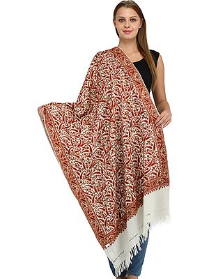 Kashmiri Stole with Aari Hand-Embroidered Paisleys All-Over