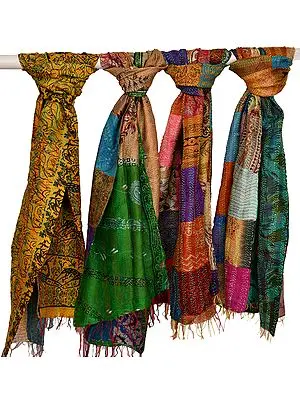 Lot of Four Printed Patchwork Scarves from Kolkata with Kantha Straight Stitch