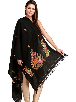 Stole from Kashmir with Aari Floral-Embroidery by Hand