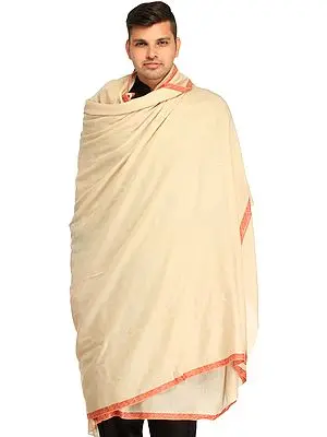 Off-White Plain Pure Pashmina Dushala (Lohi) for Men with Sozni Embroidery on Border