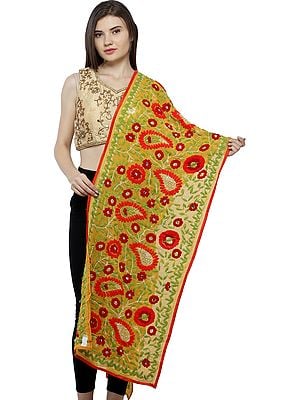 Phulkari Scarf from Punjab with Floral Hand-Embroidery and Sequins
