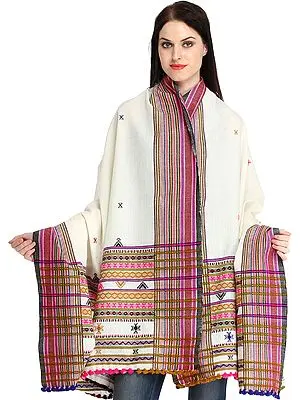 Ivory Shawl from Kutch with Woven Border and Bootis