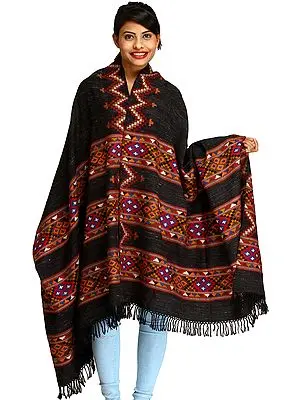 Black Shawl from Kullu with Kinnauri Woven Triple Border and Zigzag Weave