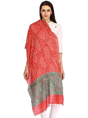 Cardinal-Red Palla-Jamawar Stole from Amritsar with Woven Paisleys