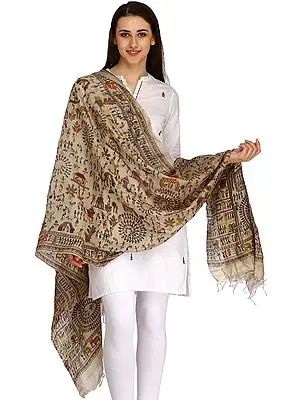 Oyster-Gray Dupatta from Bengal with Printed Warli Folk Motifs