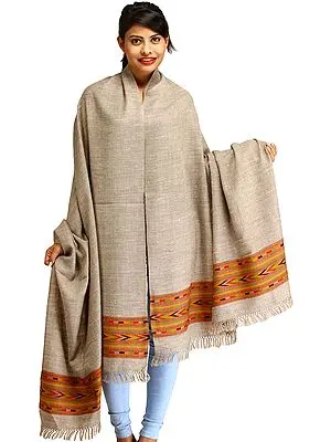 Cobblestone-Gray Plain Shawl from Kullu with Kinnauri Woven Border