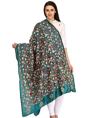 Ocean-Depths Dupatta from Kolkata with Floral Kantha-Embroidery by Hand