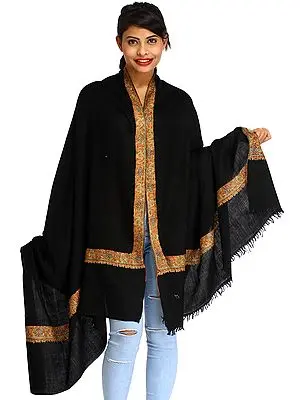 Jet-Black Plain Pashmina Shawl from Kashmir with Sozni Hand-Embroidery on Border