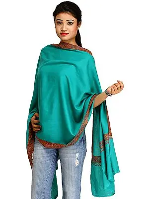 Bright-Aqua Plain Stole from Kashmir with Sozni Hand-Embroidery on Border