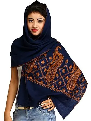 Estate-Blue Sozni Hand-Embroidered Tusha Stole from Kashmir with Paisleys