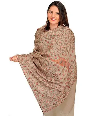 Goat-Gray Tusha Shawl from Kashmir with Sozni Hand-Embroidery All-Over