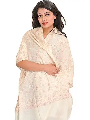 Ivory Tusha Stole from Kashmir with Sozni Hand-Embroidery All-Over