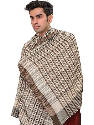 White and Brown Cashmere Men's Scarf from Nepal with Woven Checks