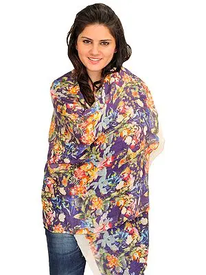 Imperial-Purple Stole from Jaipur with Digital-Printed Flowers