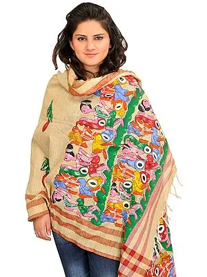 Almond-Oil Dupatta from Bengal with Painted Folk Motifs