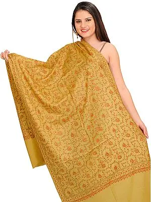 Southern-Moss Tusha Stole from Kashmir with Sozni Hand-Embroidery All-Over