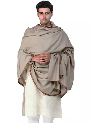 Men's Tusha Shawl from Kashmir with Sozni Hand-Embroidery on Border