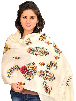 Stole from Kashmir with Aari Floral-Embroidery by Hand