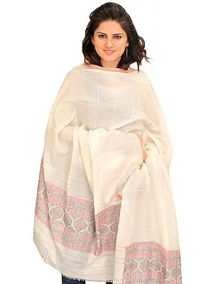 Ivory Plain Bomkai Dupatta from Orissa with Woven Motifs on Border