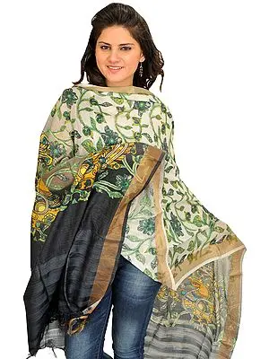White and Black Dupatta from Banaras with Foliage Print and Peacocks