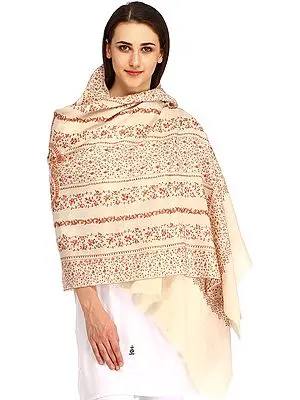 Ivory Tusha Stole from Kashmir with Sozni Hand-Embroidery