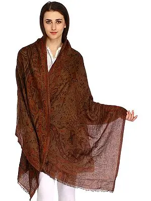 Coffee-Liqueur Reversible Pashmina Jamawar Stole with Woven Paisleys