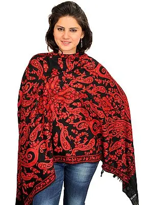 Black and Red Stole from Kashmir with Aari Hand-Embroidered Paisleys