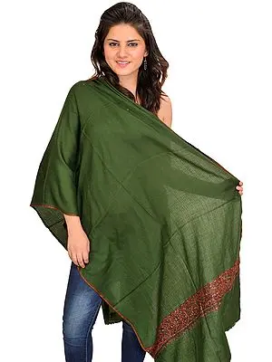 Rifle-Green Plain Tusha Stole from Kashmir with Sozni Hand-Embroidery on Border