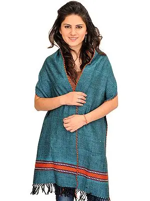 Colonial-Blue Scarf from Kullu with Thread Weave and Woven Border