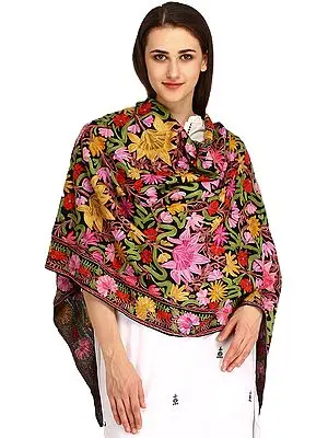 Phantom-Black Stole from Kashmir with Aari Embroidered Flowers
