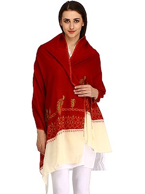 Maroon and Cream Tusha Stole from Kashmir with Sozni Hand-Embroidery on Border