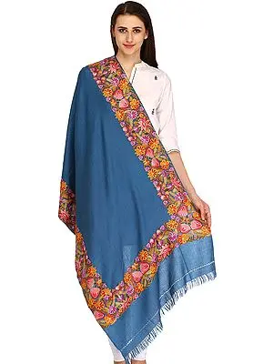 Steel-Blue Stole from Kashmir with Floral Hand-Embroidery on Border
