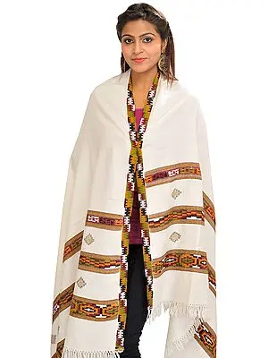 Winter-White Shawl From Kullu with Triple Kinauri Woven Border