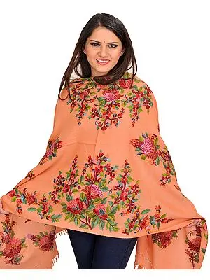 Cadmium Orange Stole from Kashmir with Aari Embroidery by Hand
