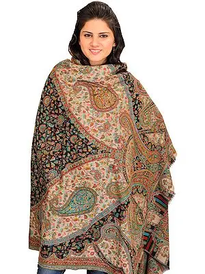 Black and Beige Kani Jamawar Shawl from Amritsar with Multi-Color Thread Weave