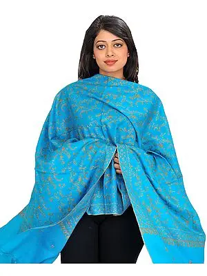 Hawaiian-Ocean Tusha Stole from Kashmir with Needle Embroidery by Hand
