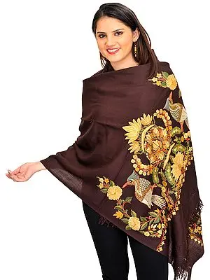 Deep Mahagony Stole from Kashmir with Aari-Embroidery by Hand