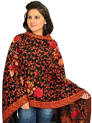 Black Stole from Kashmir with Hand Aari-Embroidery All-over