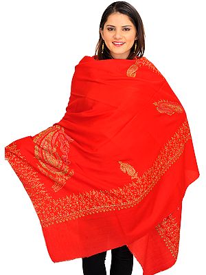 Fiery Red Shawl From Kashmir with Needle Embroidery by Hand