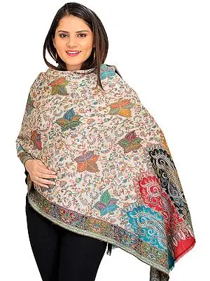 Ivory Kani Stole from Amritsar with Multi-Color Thread Weave