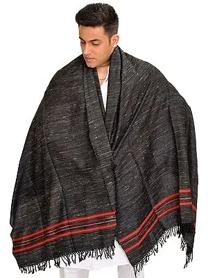 Phantom Black Men's Shawl from Kullu with Woven Stripes on Border