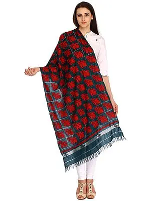 Deep Teal Stole from Kashmir with Aari-Embroidered Paisley and Cutwork
