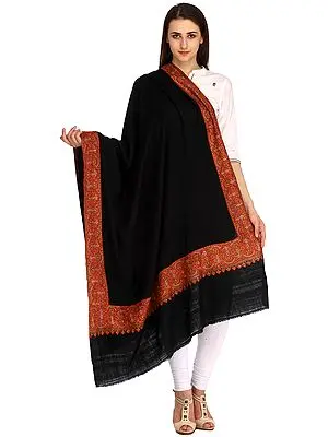 Phantom Black Pure Pashmina Shawl From Kashmir With Intricate Sozni Embroidery by Hand