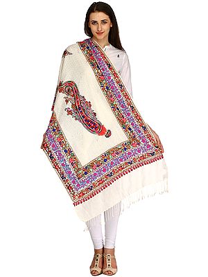 Star-White Stole from Amritsar with Multicolor Aari-Embroidered Paisley