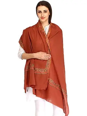 Plain Clove-Brown Tusha Stole with Needle-Embroidery By Hand
