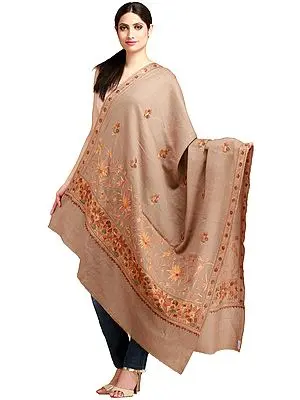 Simply-Taupe Shawl from Amritsar with Aari Floral Embroidery on Border