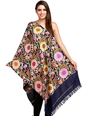 Twilight-Blue Kashmiri Stole with Embroidered Giant Flowers by Hand